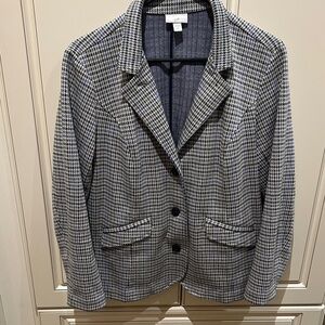 J. Jill Houndstooth Blazer in gray background with black, purple and olive green
